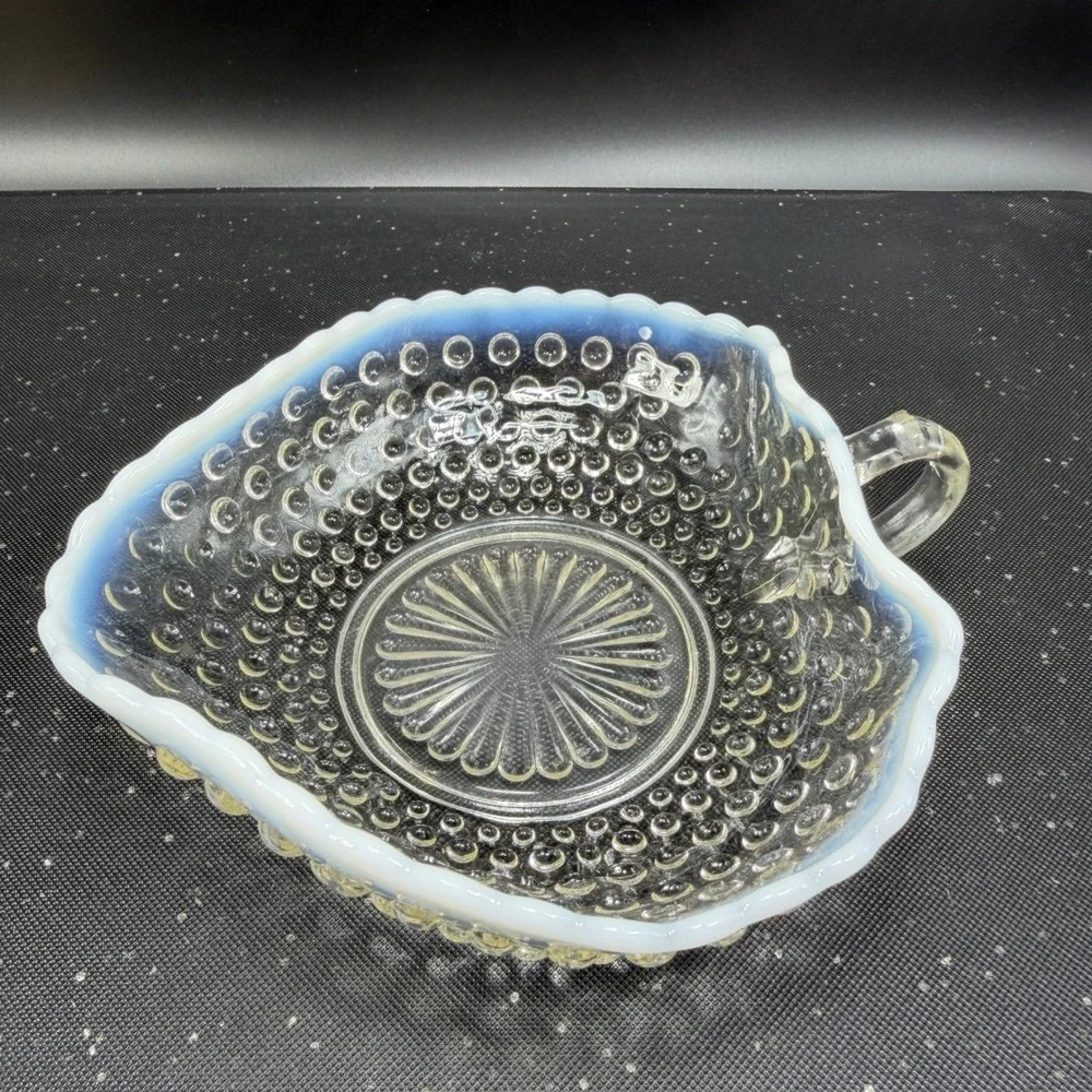 Anchor Hocking Moonstone Hobnail Opalescent Glass Bowl Ruffled Edge W‎ Handle